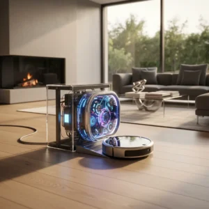 De transparante DJI Romo robotstofzuiger met drone-navigatie in een moderne woonkamer.