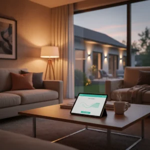 Tablet met energieverbruik app in modern huis met slimme verlichting als oplossing tegen netcongestie.