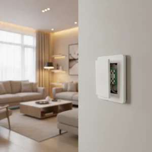 Een slimme Philips Hue wandschakelaarmodule die onzichtbaar wordt weggewerkt achter een moderne fysieke schakelaar in de muur.