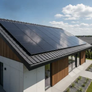 Een modern huis voorzien van ultralichte perovskiet zonnepanelen voor maximale opwekking van zonne-energie.