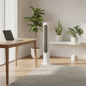 White tower fan standing beside a wooden desk with a laptop, in a bright minimalist home office with potted plants.
