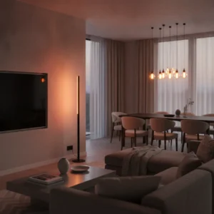 Een moderne woonkamer sfeervol verlicht met de nieuwe Philips Hue Play lampen naast de televisie en slimme kaarslampen.