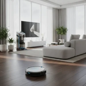 De premium Ecovacs Deebot X12 OmniCyclone robotstofzuiger met actieve dweilfunctie aan het werk in een moderne woonkamer.